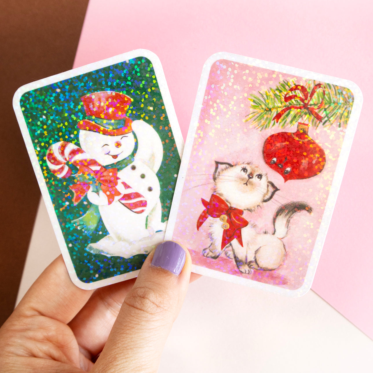 Retro Pink Xmas Kitten Glitter Sticker