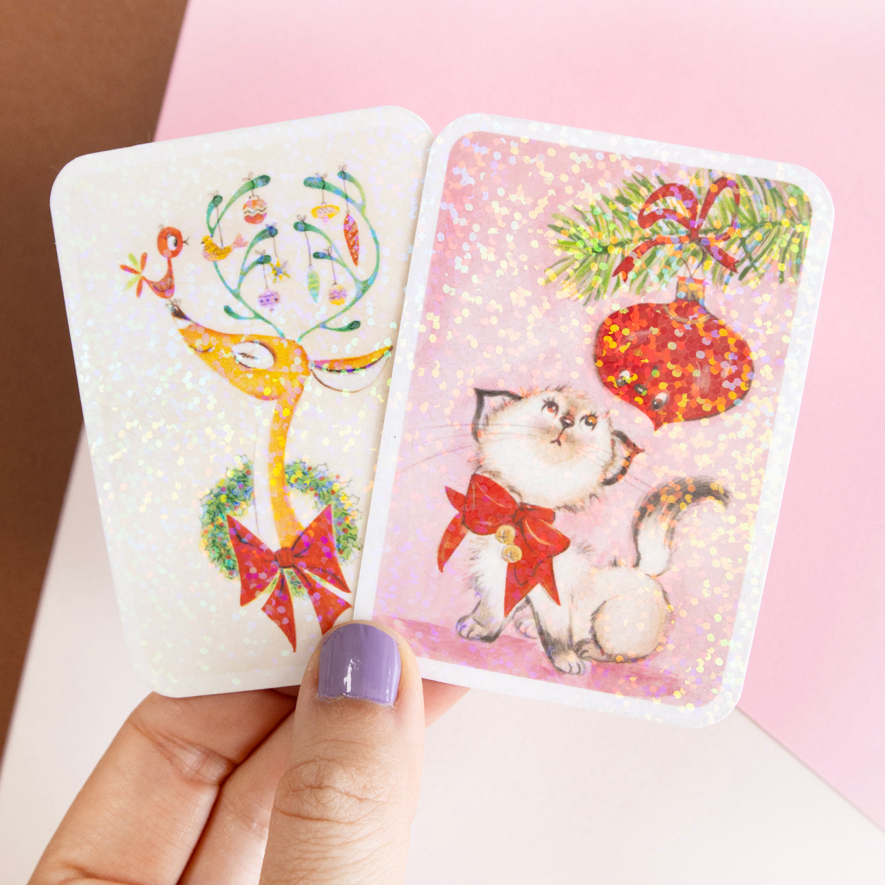 Retro Pink Xmas Kitten Glitter Sticker