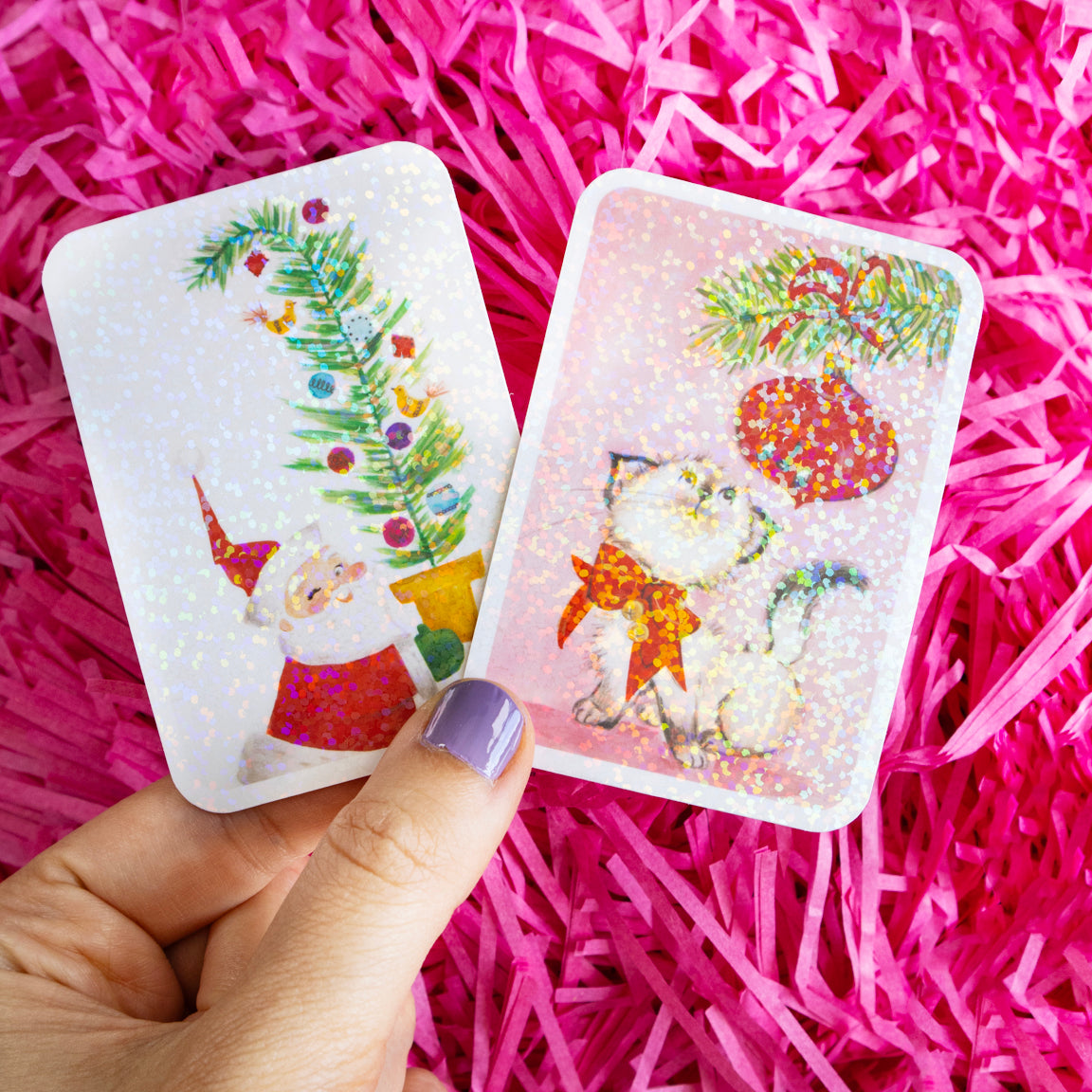 Retro Pink Xmas Kitten Glitter Sticker