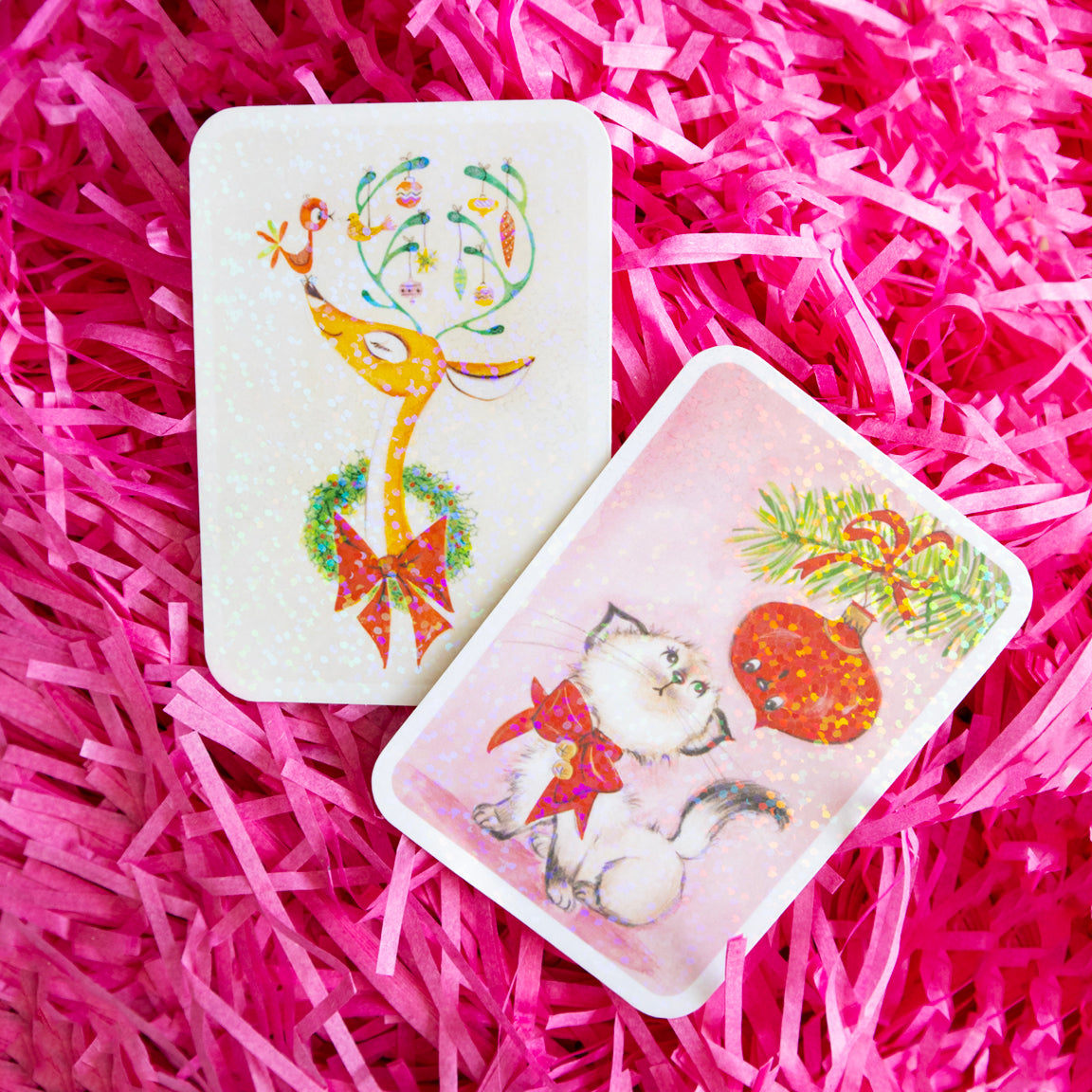 Retro Pink Xmas Kitten Glitter Sticker