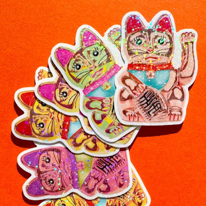 Maneki-Neko Glitter Sticker (Green)