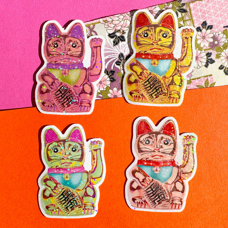 Maneki-Neko Glitter Sticker (Green)