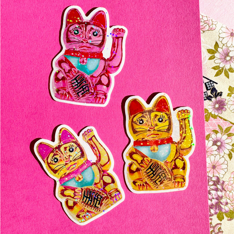 Maneki-Neko Glitter Sticker (Hot Pink)