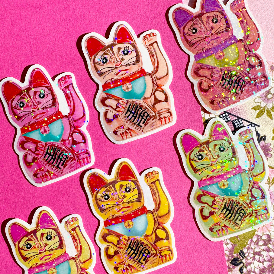 Maneki-Neko Glitter Sticker (Hot Pink)
