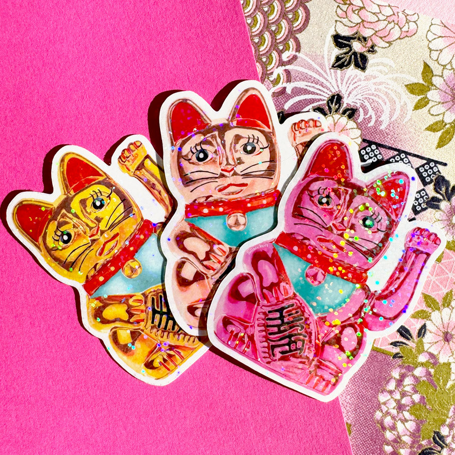 Maneki-Neko Glitter Sticker (Hot Pink)