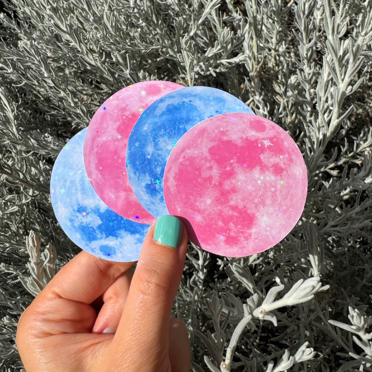 blue and pink glitter moon stickers