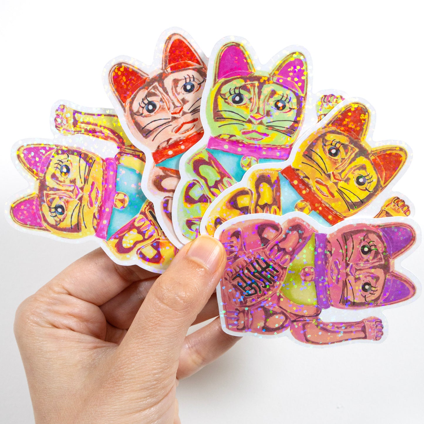 Maneki-Neko Glitter Sticker (Pink Yellow)