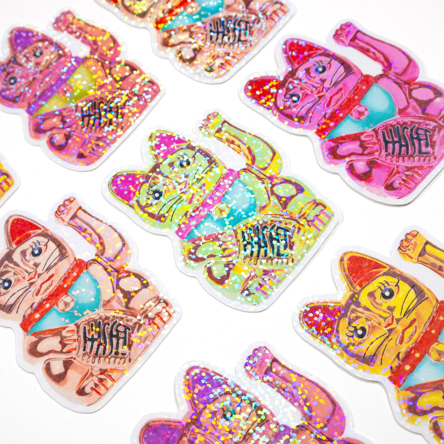 Maneki-Neko Glitter Sticker (Hot Pink)