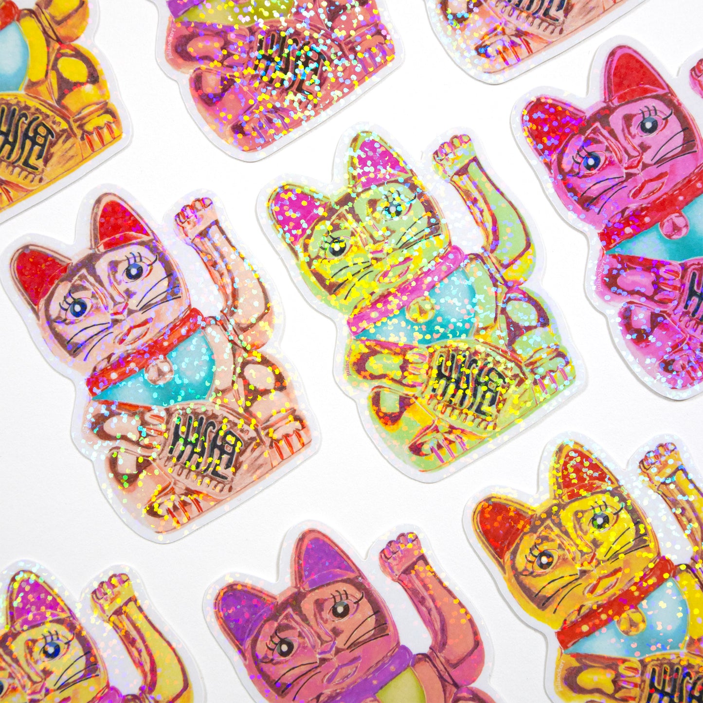 Maneki-Neko Glitter Sticker (Hot Pink)