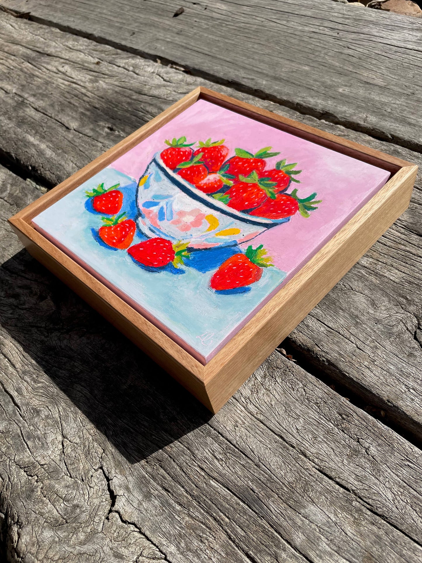 Strawberry Bowl Original Oil Pastel Artwork