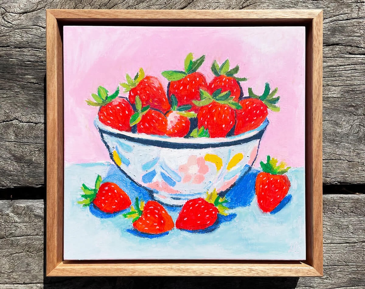 Strawberry Bowl Original Oil Pastel Artwork