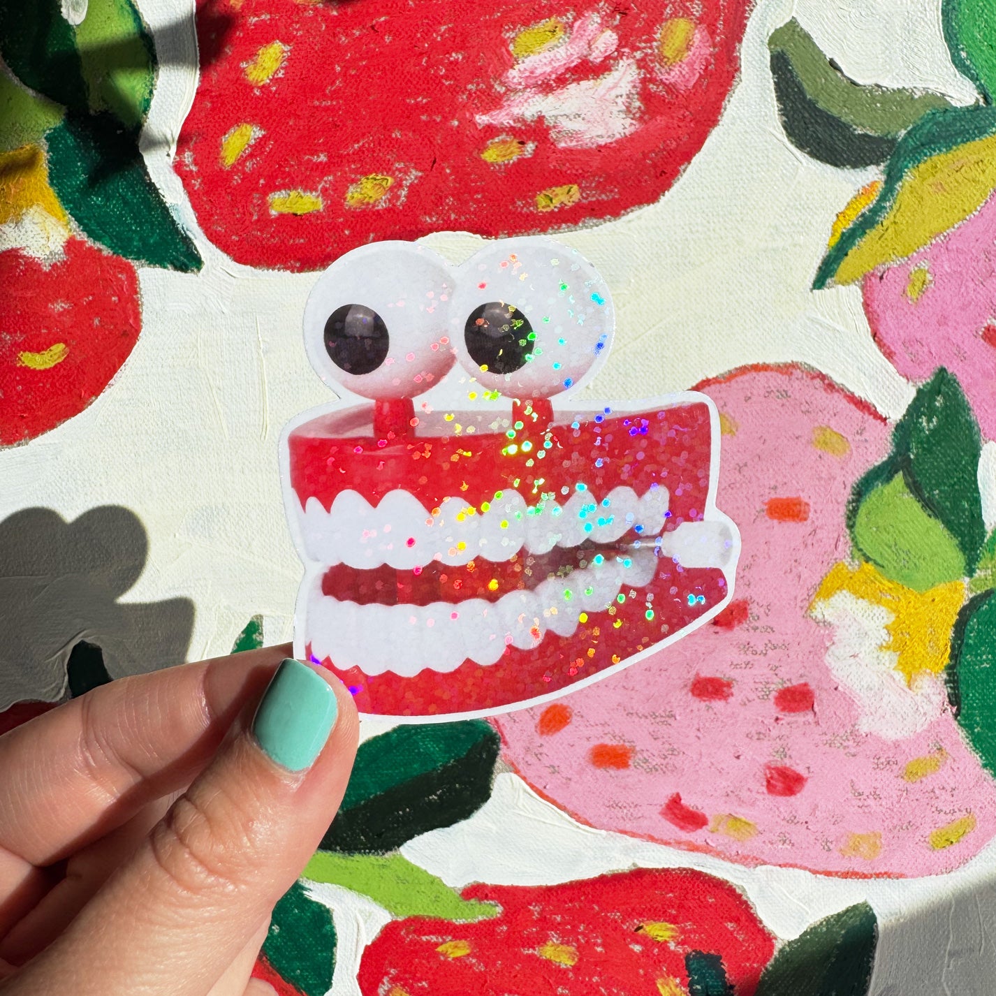 Chattering Teeth Toy Glitter Sticker