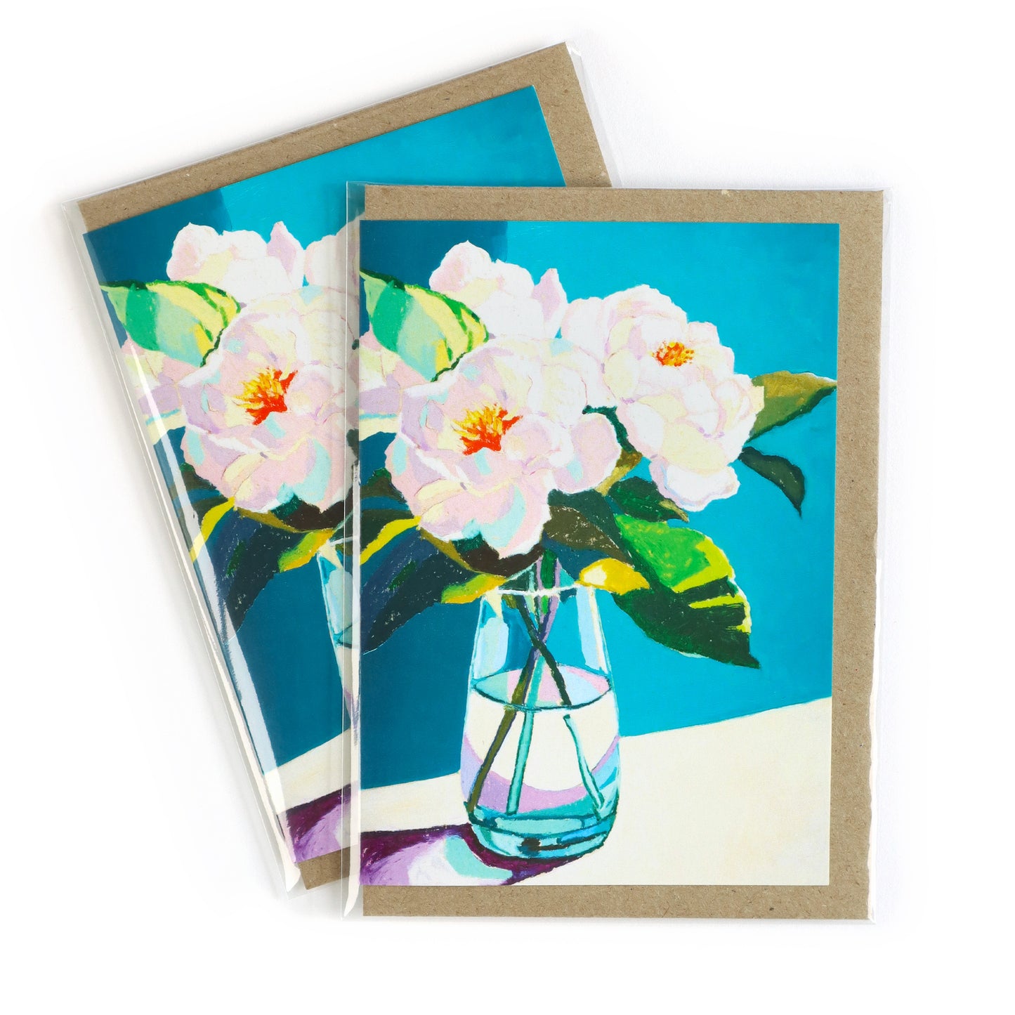 White Peony Flowers On Blue Greeting Card