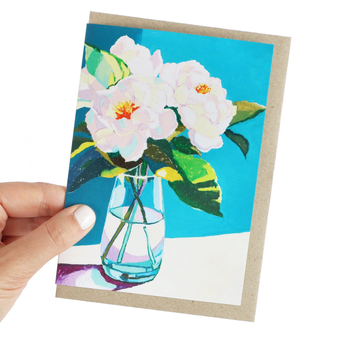 White Peony Flowers On Blue Greeting Card