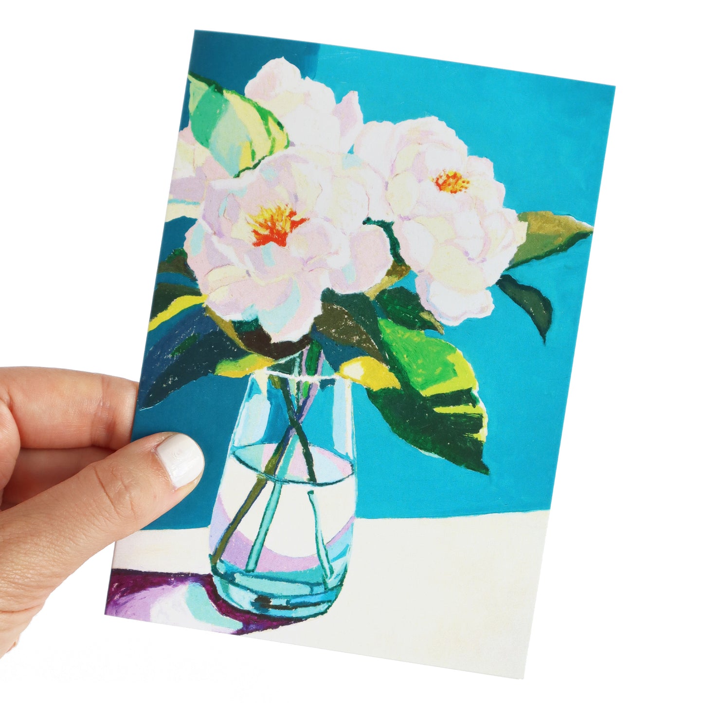 White Peony Flowers On Blue Greeting Card