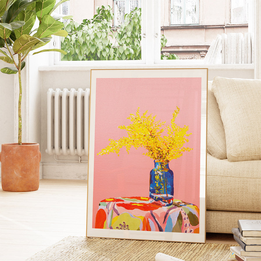 a painting of a vase with yellow flowers on a table