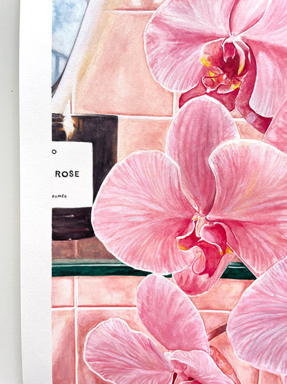 Pink Orchids / Bathroom Vanity Watercolor