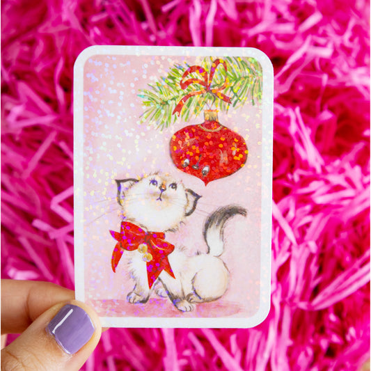 Retro Pink Xmas Kitten Glitter Sticker