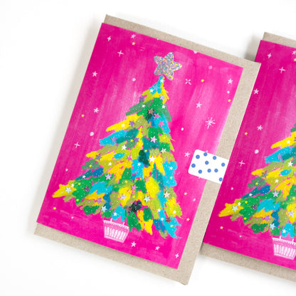 Bright Pink Christmas Tree Greeting Card