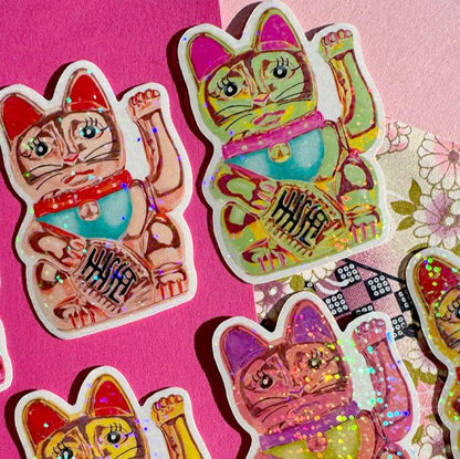 Maneki-Neko Glitter Sticker (Green)