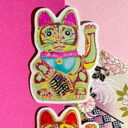 Maneki-Neko Glitter Sticker (Green)