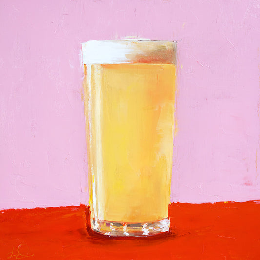 art print of a painting of a schooner of beer. minimal pink and red background. quirky Australian culture artwork
