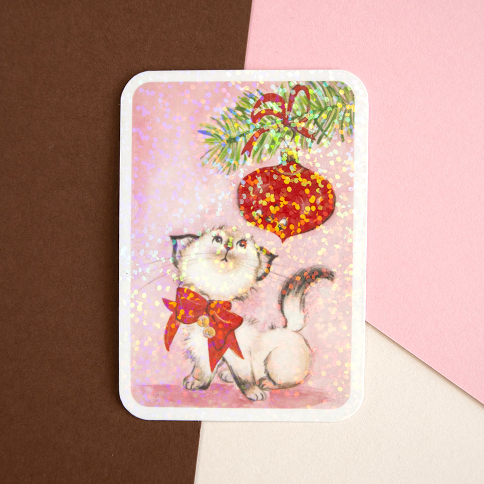 Retro Pink Xmas Kitten Glitter Sticker