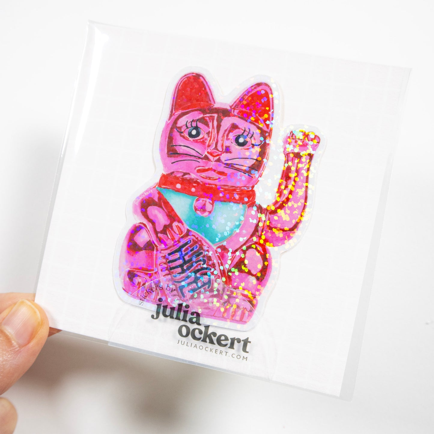 Maneki-Neko Glitter Sticker (Hot Pink)