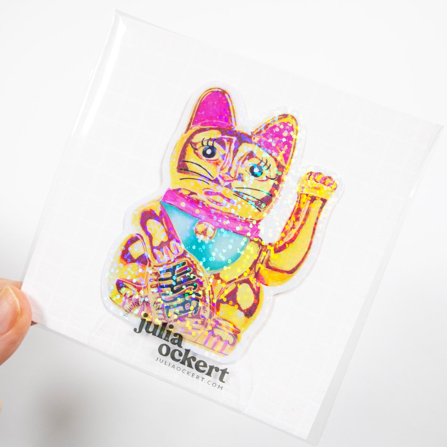 Maneki-Neko Glitter Sticker (Pink Yellow)