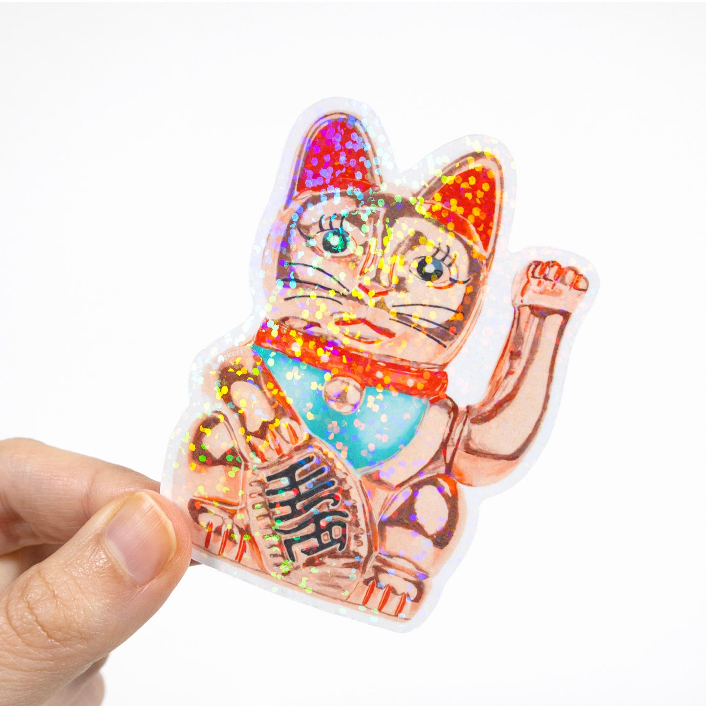 Maneki-Neko Glitter Sticker (Rose Gold)