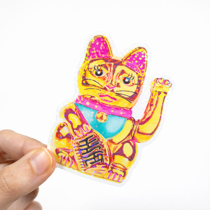 Maneki-Neko Glitter Sticker (Pink Yellow)