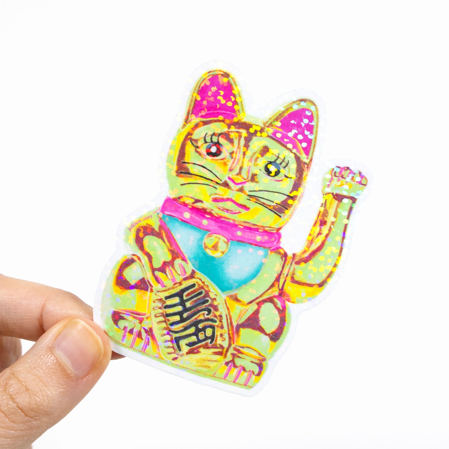 Maneki-Neko Glitter Sticker (Green)