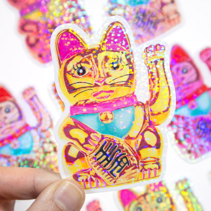 Maneki-Neko Glitter Sticker (Pink Yellow)