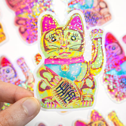 Maneki-Neko Glitter Sticker (Green)