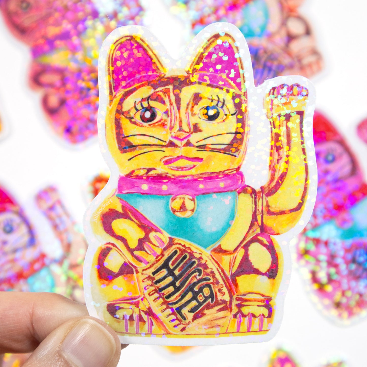 Maneki-Neko Glitter Sticker (Pink Yellow)