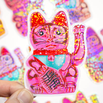 Maneki-Neko Glitter Sticker (Hot Pink)