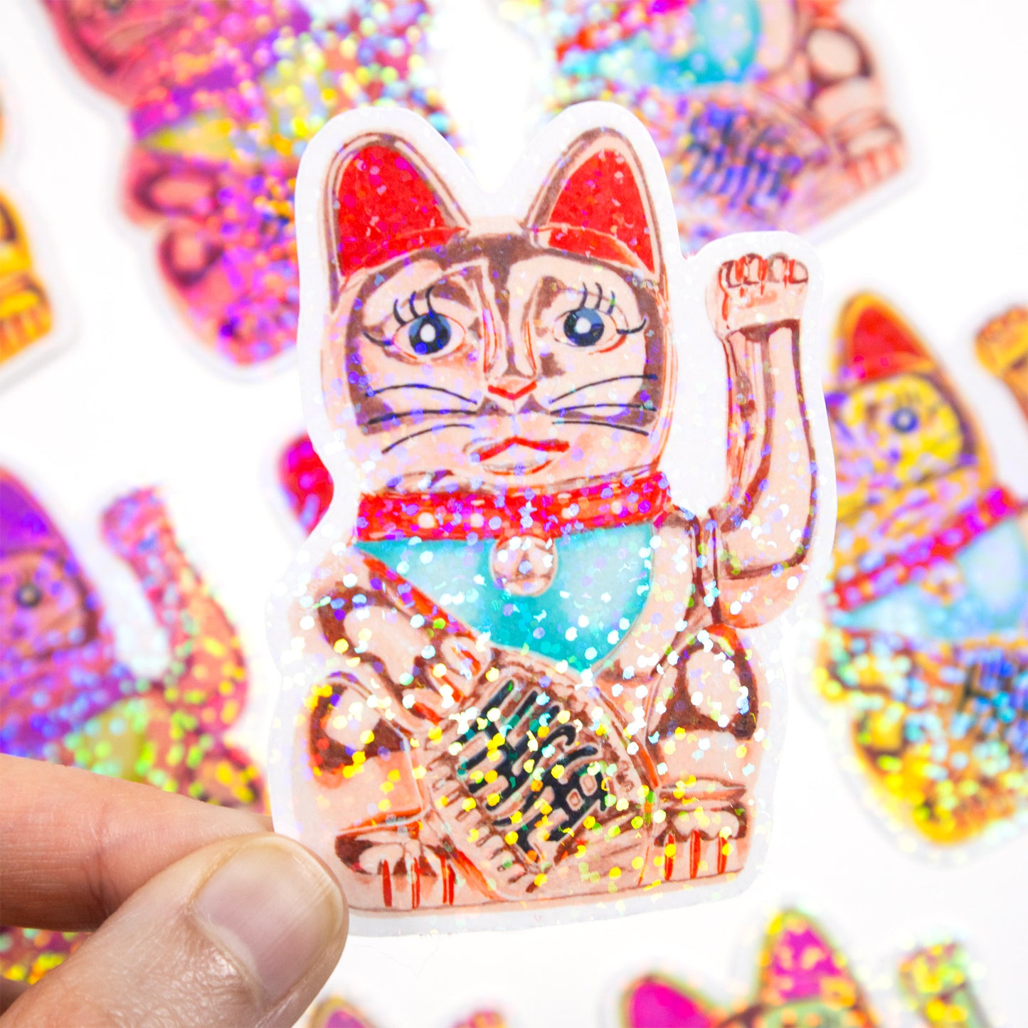 Maneki-Neko Glitter Sticker (Rose Gold)