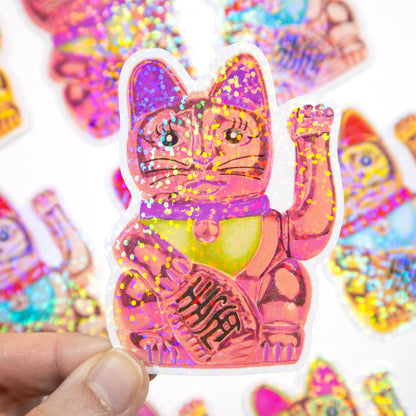 Maneki-Neko Glitter Sticker (Purple)