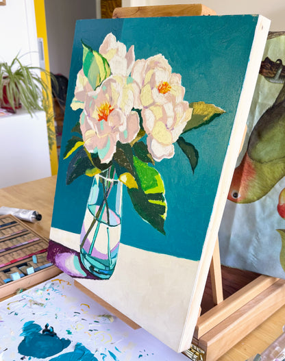 White Peonies Original Oil Pastel Artwork