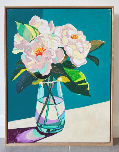 White Peonies Original Oil Pastel Artwork