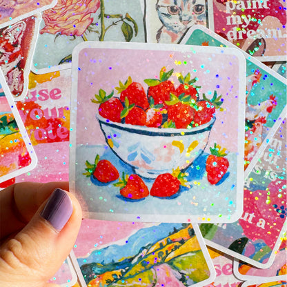 Strawberry Bowl Glitter Vinyl Sticker