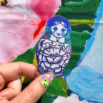 Blue Babushka / Matryoshka Doll Glitter Sticker