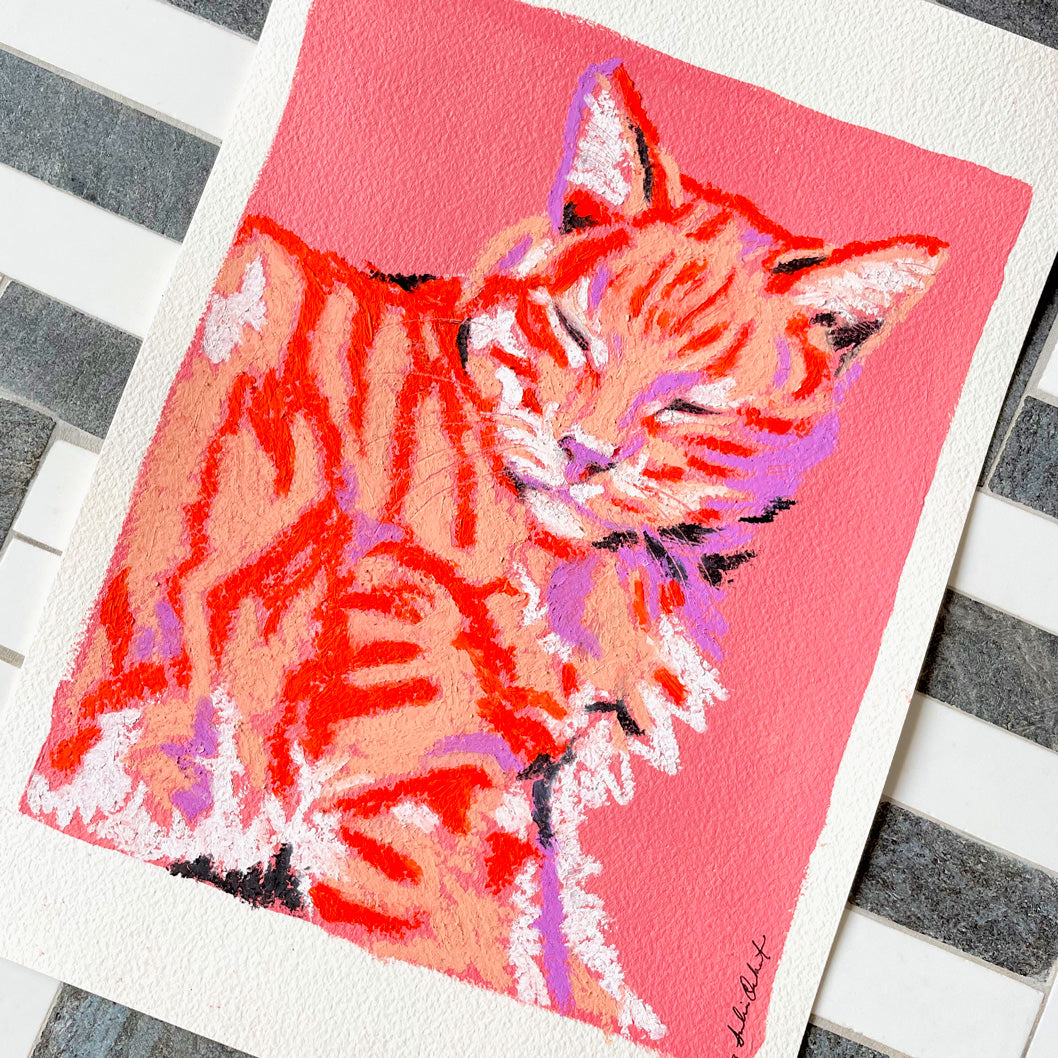 colorful oil pastel drawing of a sleeping pet cat