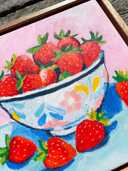 Strawberry Bowl Original Oil Pastel Artwork