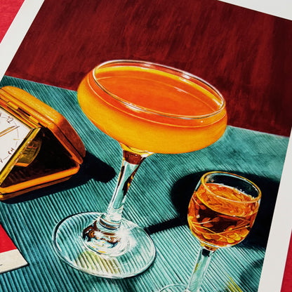 a painting of a glass of orange juice and a bottle of alcohol