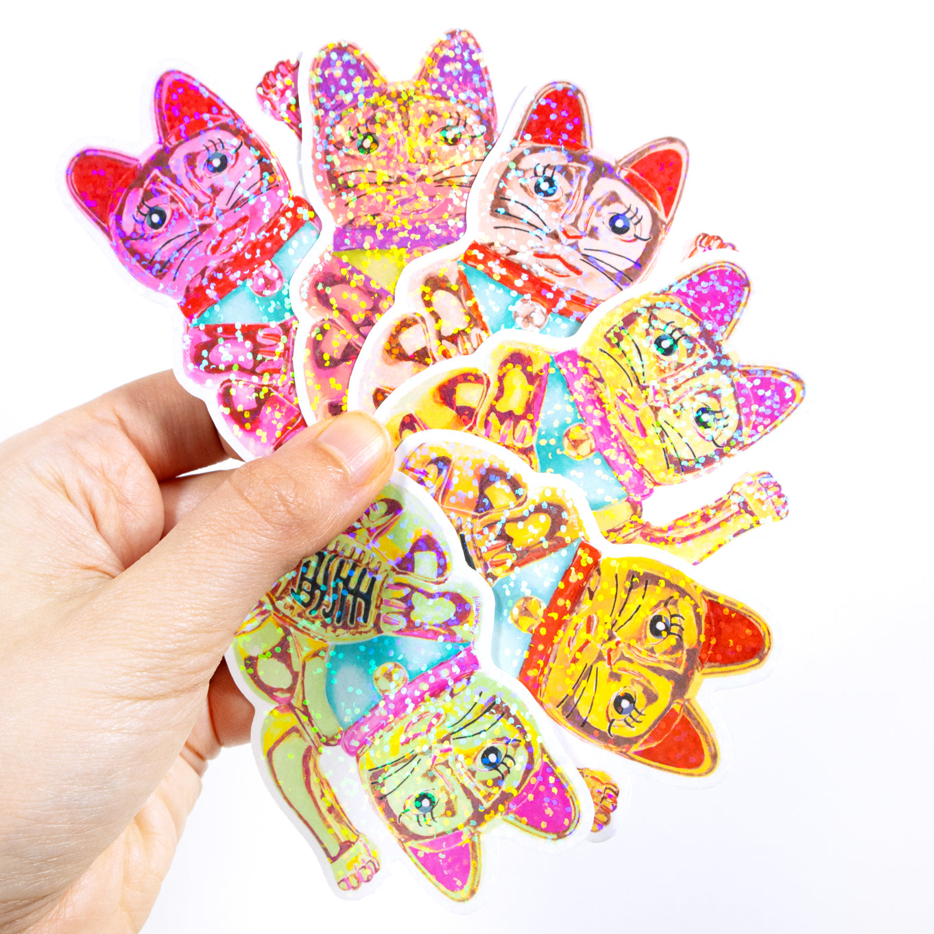 Maneki-Neko Glitter Sticker (Pink Yellow)