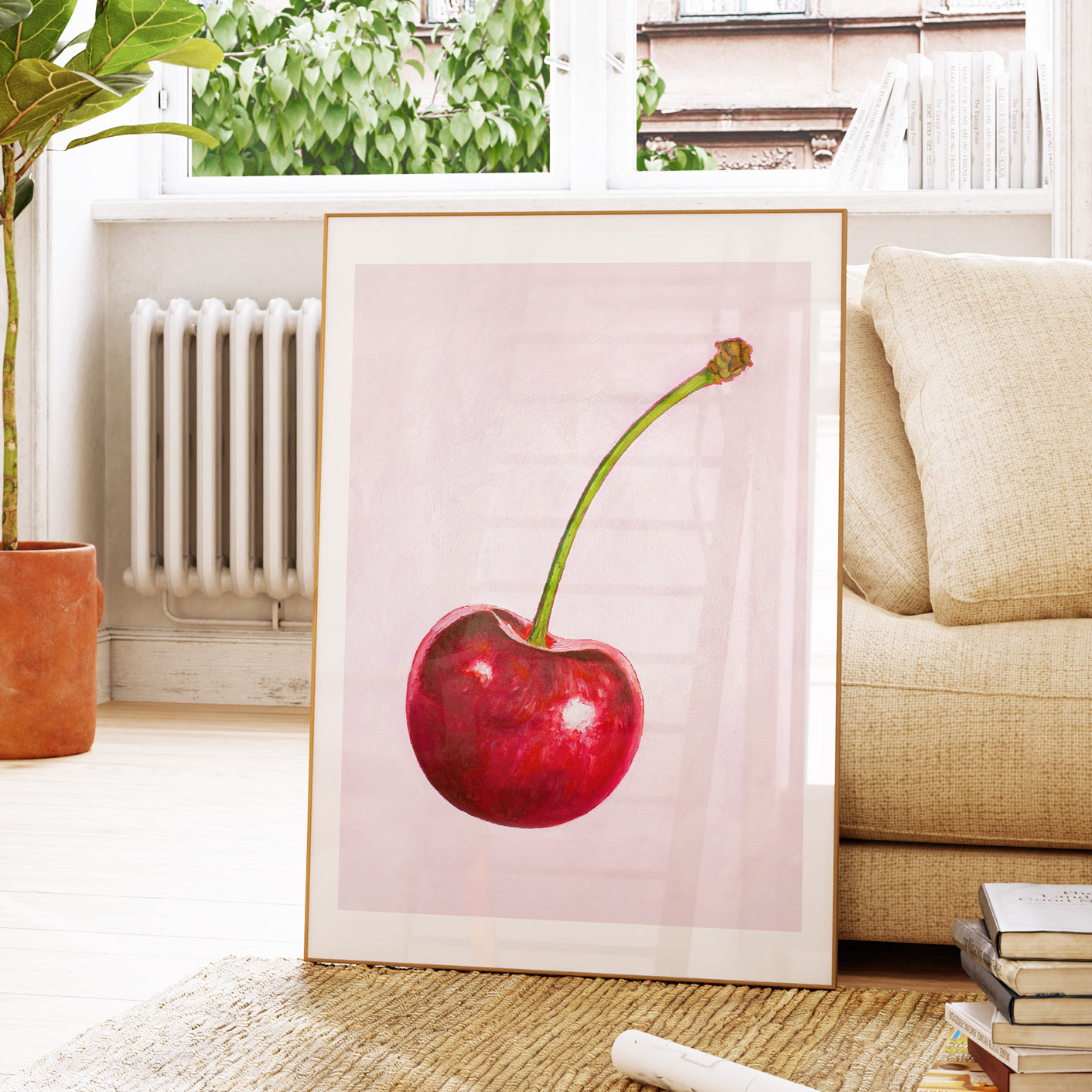 a picture of a cherry on a table next to a couch
