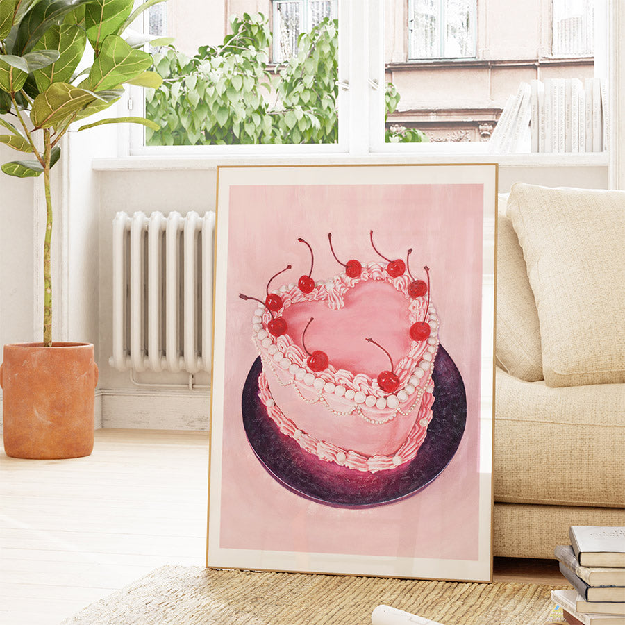 a painting of a pink cake with cherries on it